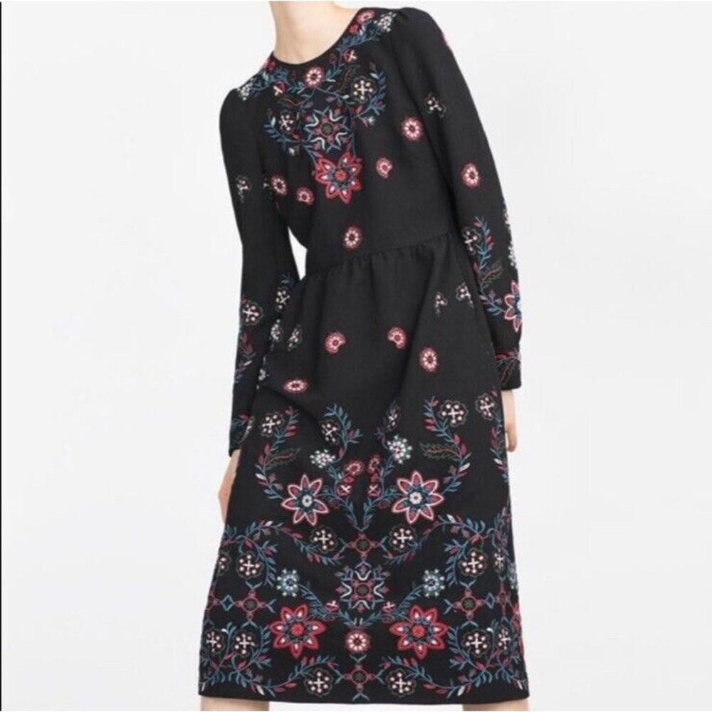 Zara Woman Floral Embroidery Embroidered Long Sleeve Midi Dress Black Size XS